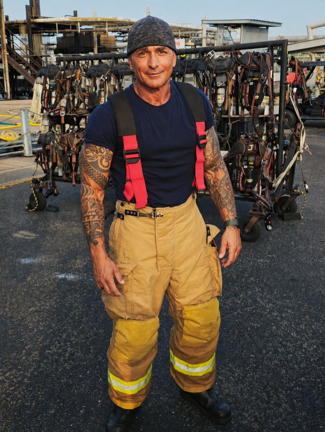 Daniel Anderson at the fire station in turnout pants and suspenders